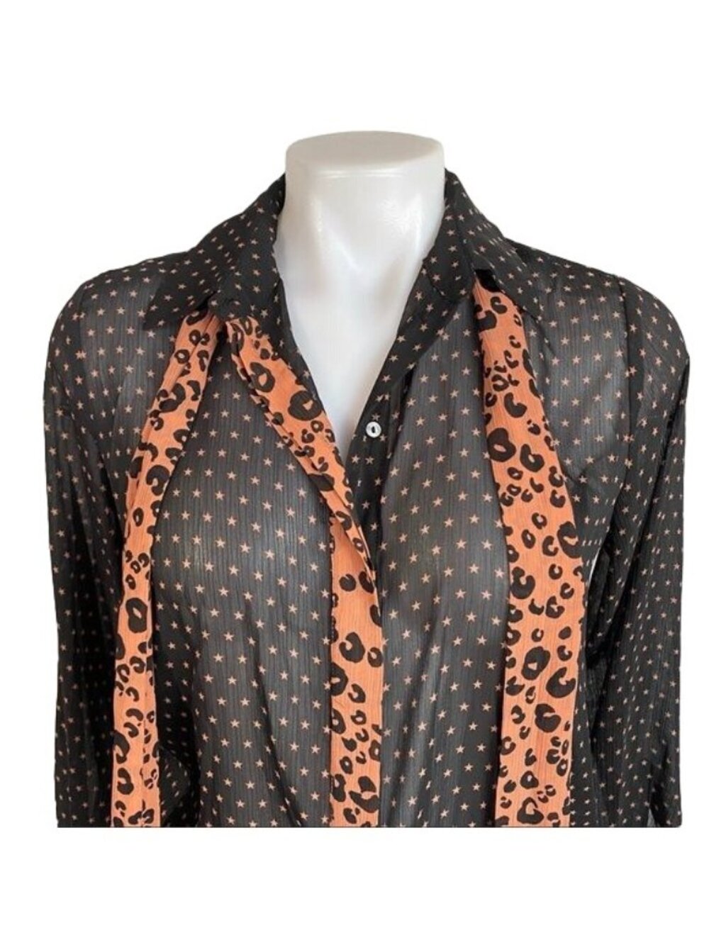 Scotch & Soda Maison Scotch Black Sheer Star Print Blouse With Leopard Print Acc - Picture 6 of 12